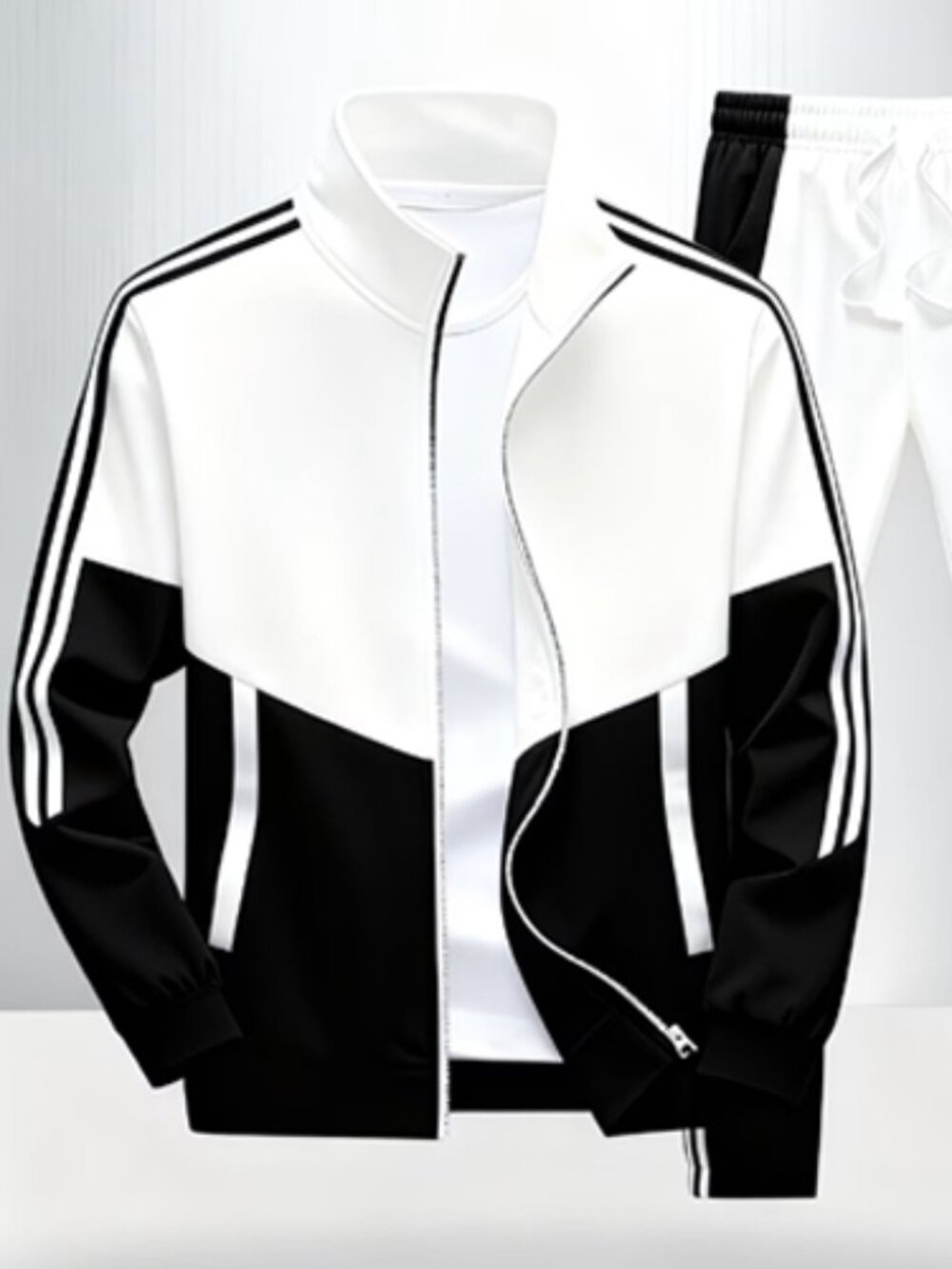 Men's 2Pc Tracksuit Black and White Size Medium, Colorblock, Light Polyester
